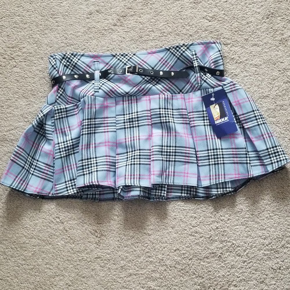 Blue and pink plaid mini skirt with belt